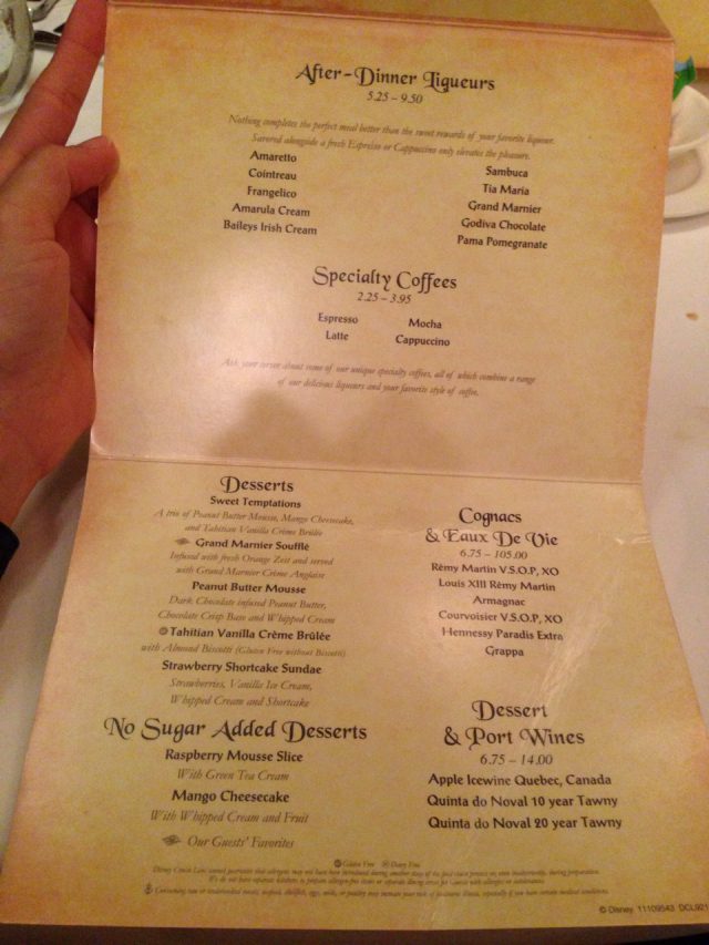 Disney Cruise Dream Royal Palace Menu Desserts