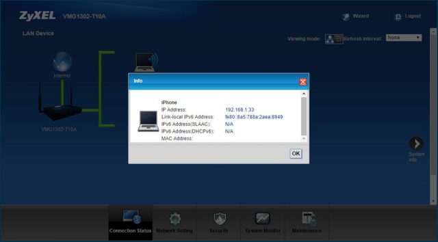 ZyXEL VMG1302 T10A Screen Connection Status Client