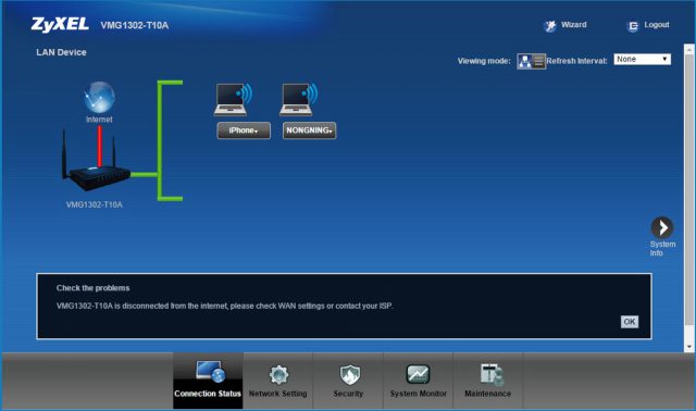 ZyXEL VMG1302 T10A Screen Connection Status Offline