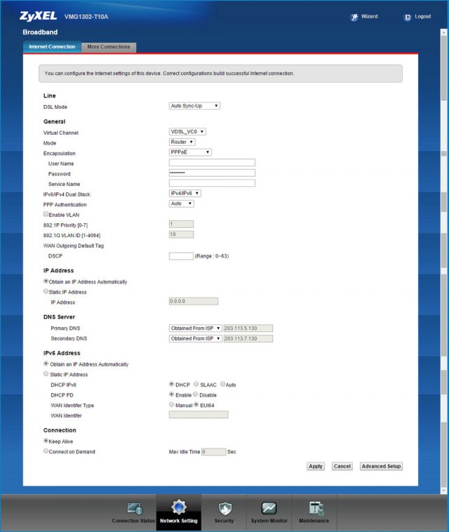 ZyXEL VMG1302 T10A Screen Network Broadband Setting