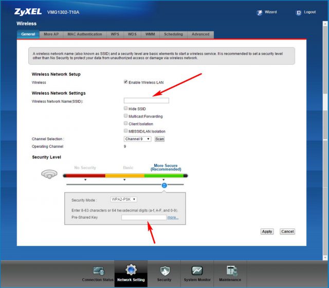 ZyXEL VMG1302 T10A Screen Network Wiress Setting