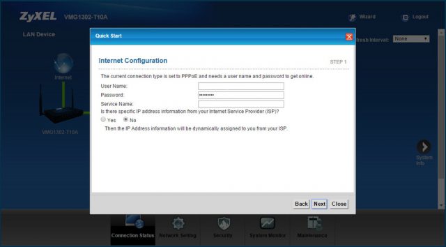 ZyXEL VMG1302 T10A Screen Wizard Account Setting