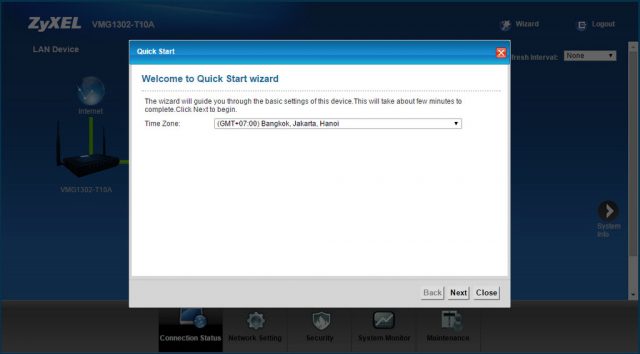ZyXEL VMG1302 T10A Screen Wizard Time Zone Setting