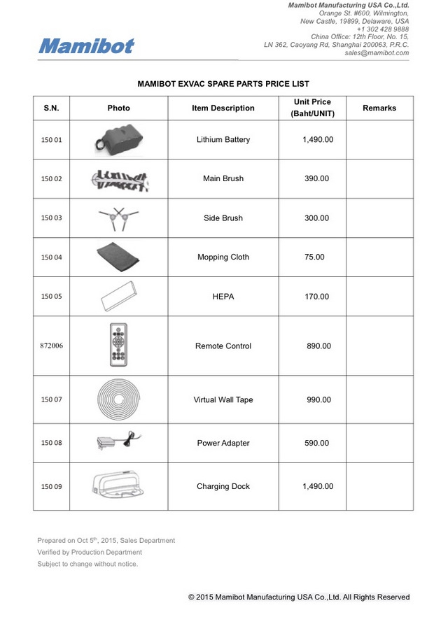 mamibot-prevac-part-pricelist