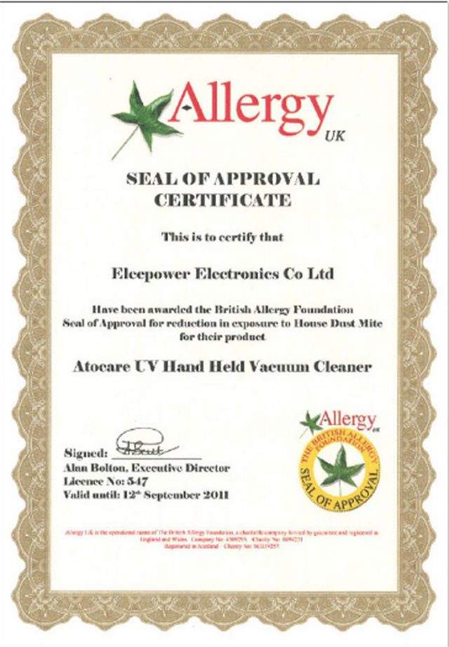 ATOCARE Certificate Allergy UK