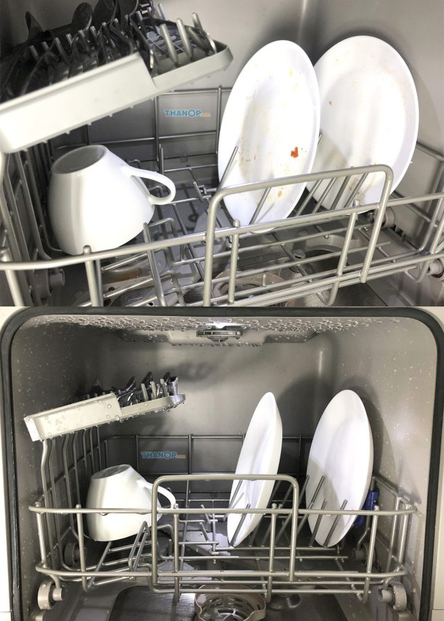 Mister Robot Home Dishwasher Before and After Washing Inside Machine